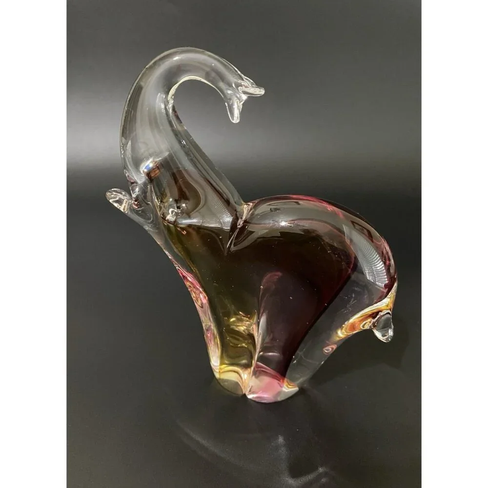 Clear Glass Elephant Figurine Paperweight Purple & Amber Collector 6